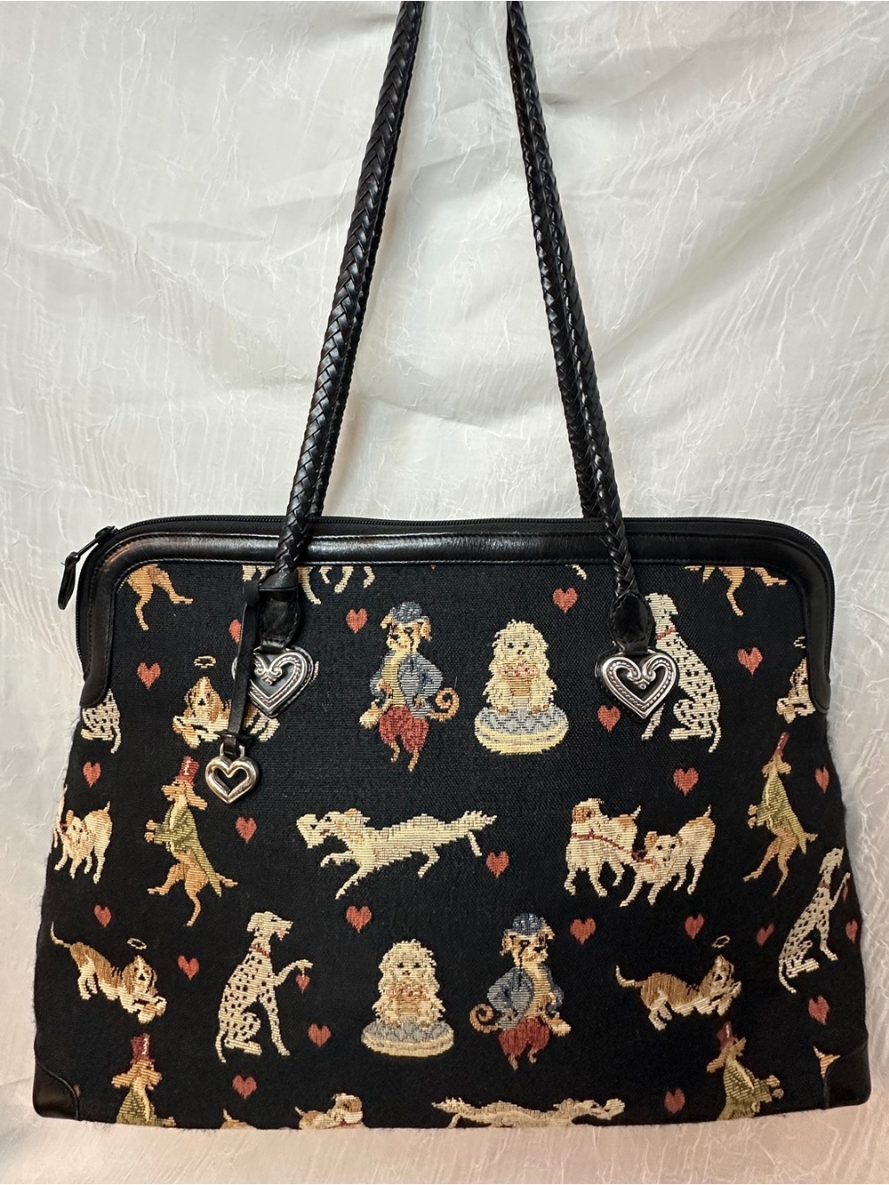Brighton Black Dog Tapestry Tote Bag with Heart Charms